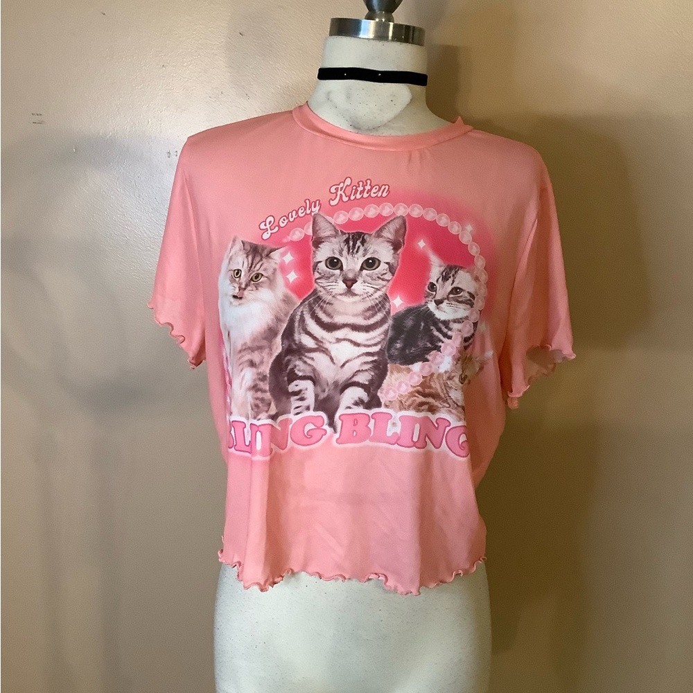 Shein Curve Romwe Pink Sheer Ruffle Edge BabyDoll Crop Kitten Cats Shirt 1X plus